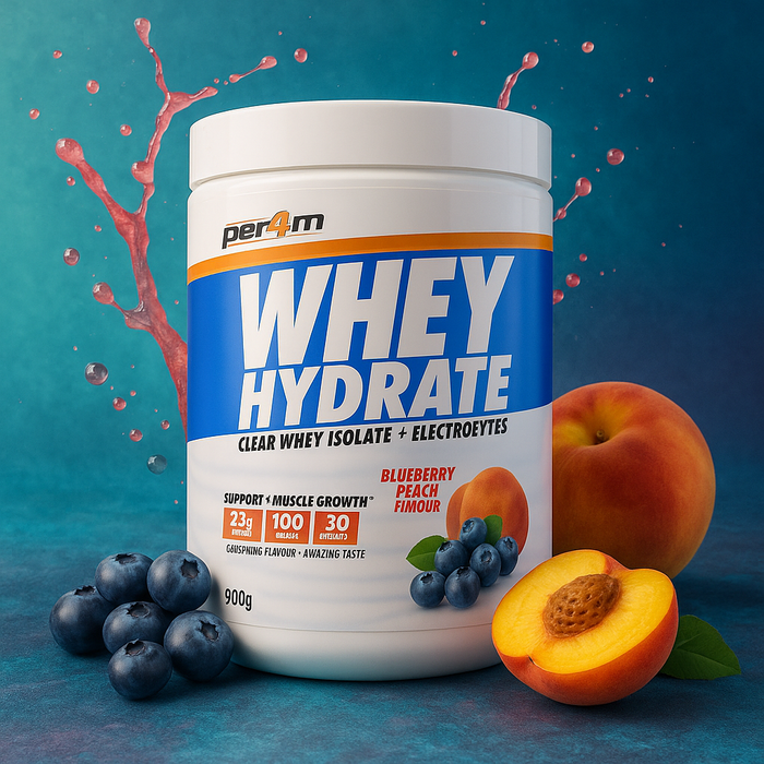 Experience juicy refreshment with Per4m Whey Hydrate Blueberry Peach! Featuring 23g protein, a blend of essential electrolytes, and only 100 kcal per serving, this clear whey isolate bursts with fruity flavour and supports rapid recovery. Hydrate and recover in style!